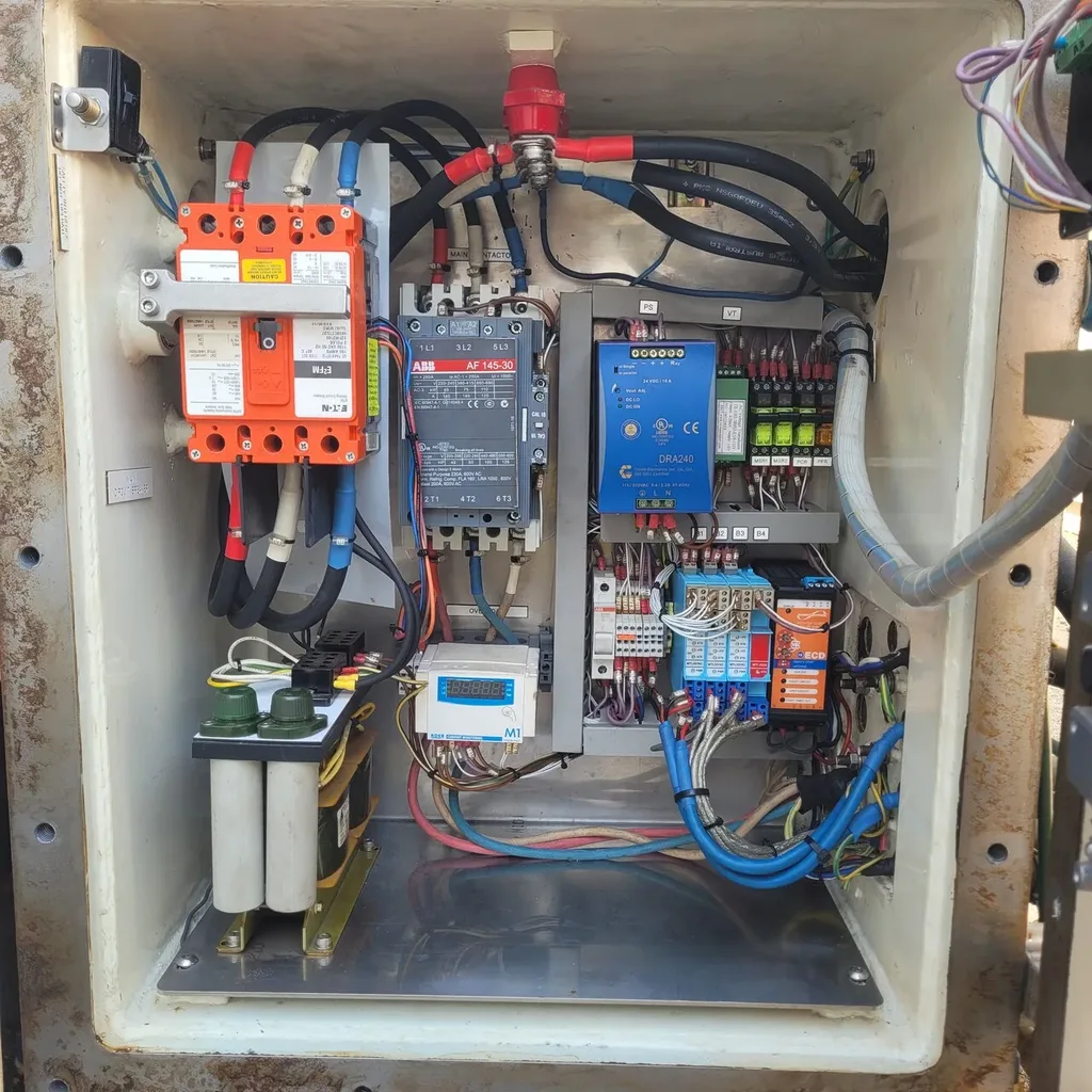 Open electrical control panel with an orange circuit breaker, contactor, power supply and relays