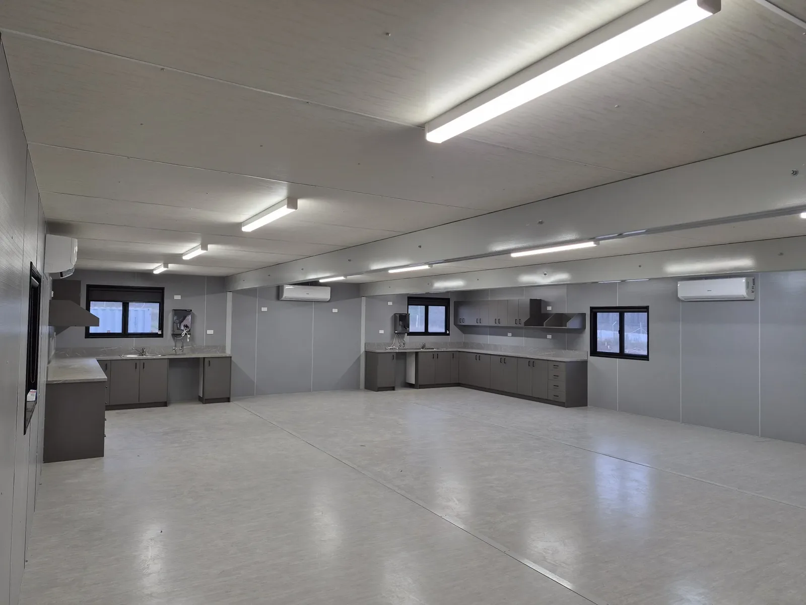 The new lunchroom building interior, with kitchenette cabinets