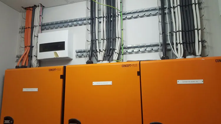 Three distribution boards, with cable routes kept clear and organised
