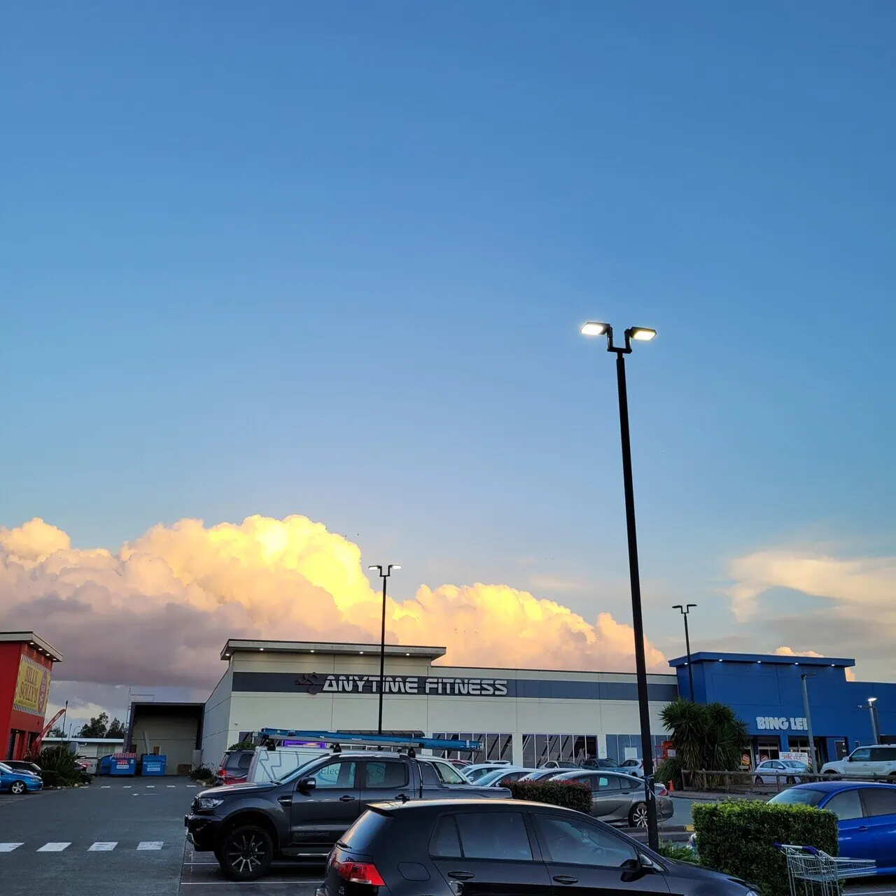 The carpark at dusk under the new LED area lights