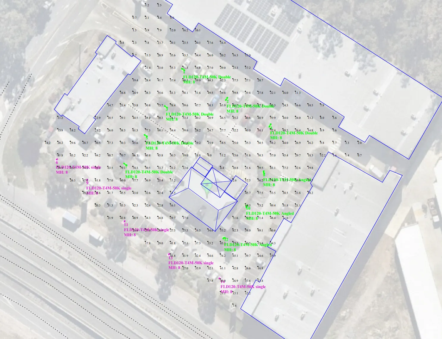 The carpark LED lighting design, with fitting positions and light levels across the carpark