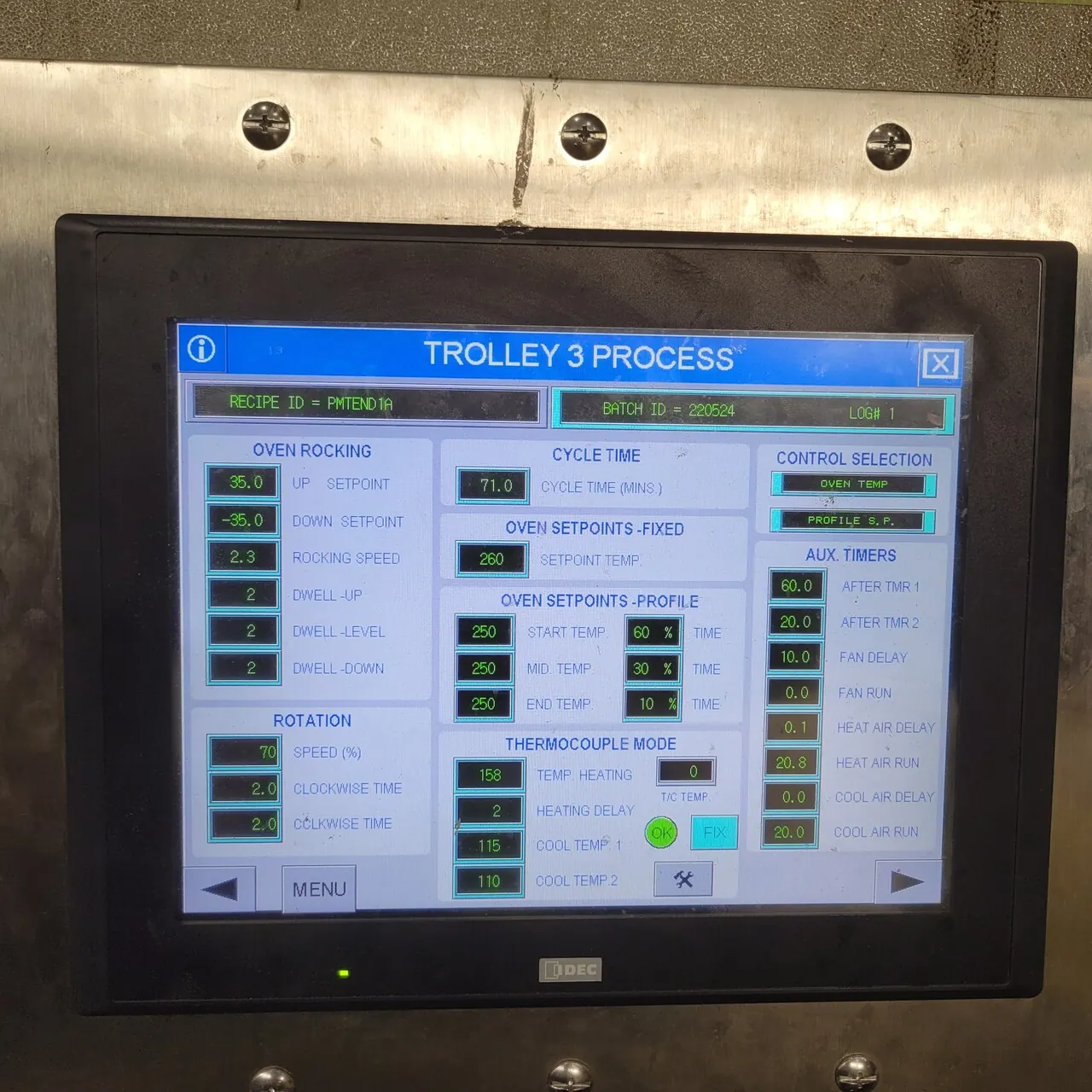 The HMI trolley process screen, with oven rocking, rotation, oven setpoint and heat and cool air timer settings