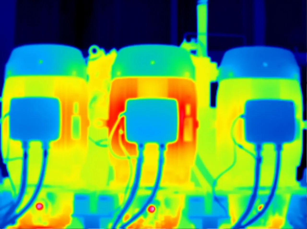 Thermal image of the three motors, the middle motor showing warmer than the two beside it