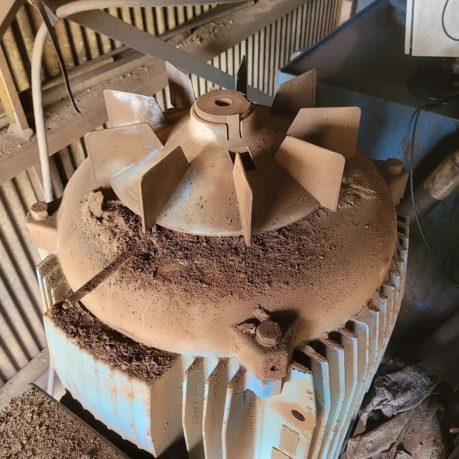 Heavy dust build-up on a motor's cooling fan and housing