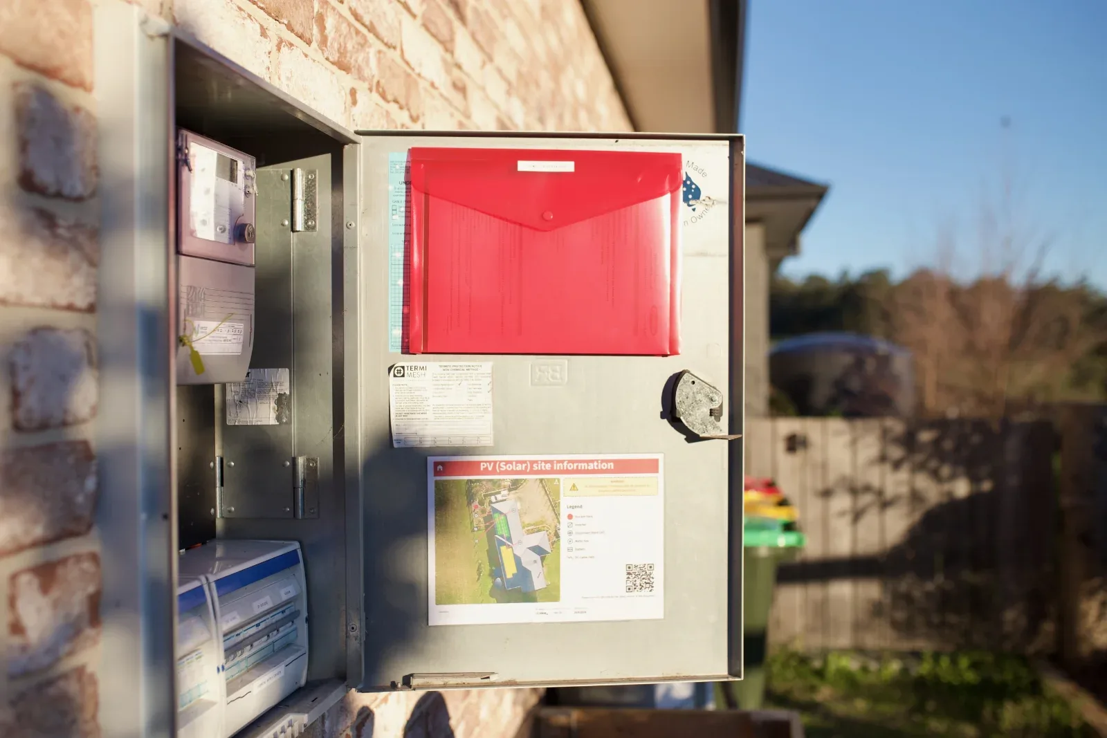Meter box with the solar site information on the door