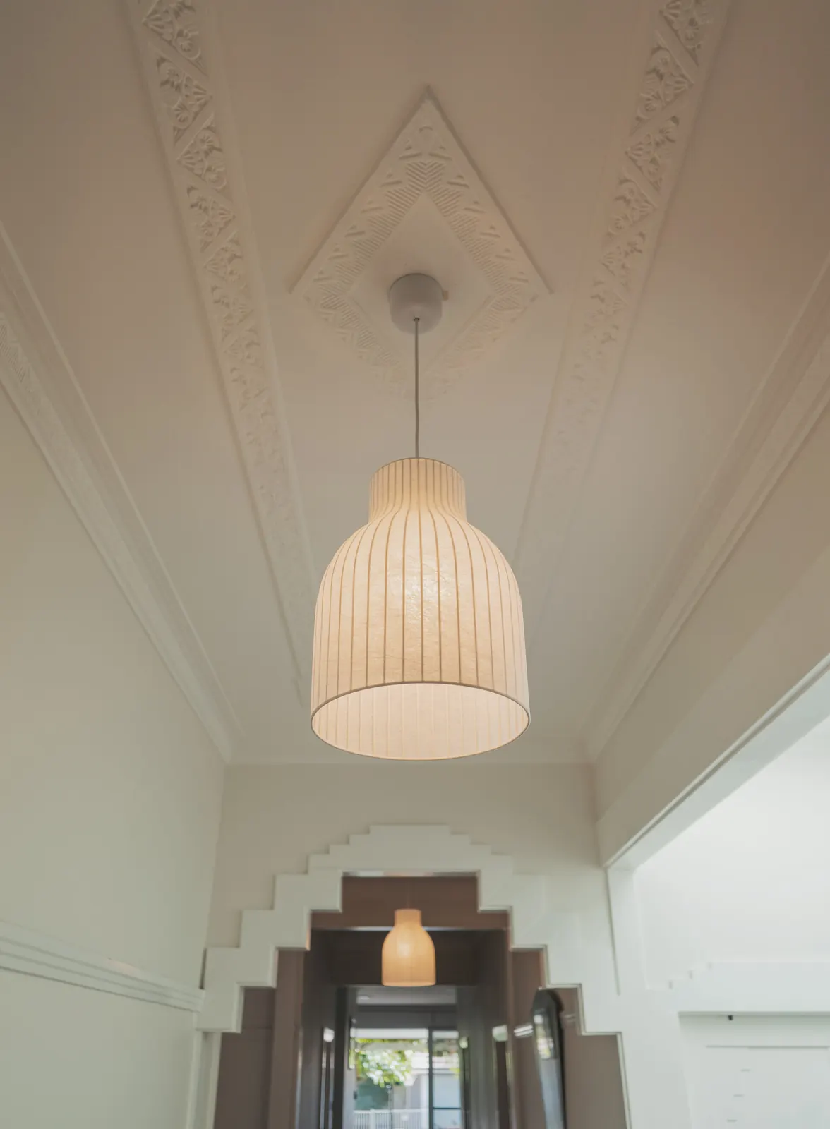 Hallway waxed paper pendants matching lounge room pendant